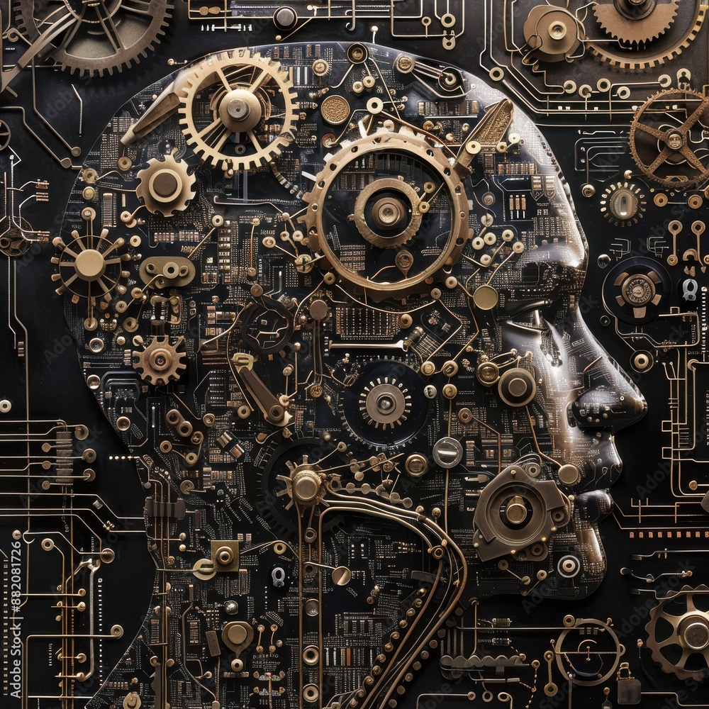 Aufkleber A human mind visualized as a complex machine, with gears and circuits representing knowledge processing and calculation