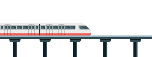 High speed train on bridge isolated on white background. Fast railroad transport. Vector stock