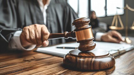 Judge in the courtroom is using a gavel to deliver a judgment