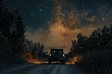 A nighttime drive under a starry sky
