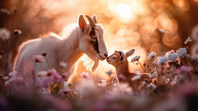 Heartwarming moment as a baby serow stands amidst spring flowers, meeting a playful baby goat, surrounded by gentle, loving light