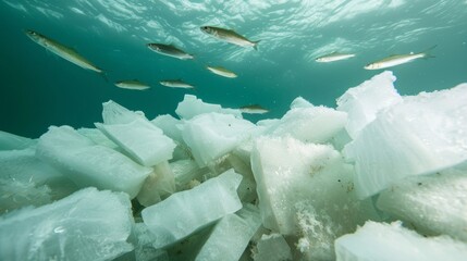 Fototapeta premium Arctic ocean scene with fish navigating through dense, icy underwater flora, frigid temperatures creating a unique, serene underwater world