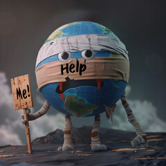 An animated Earth with bandages and a sad face, holding a sign that says Help Me