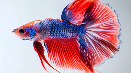 Fototapeta premium Close-up of a vibrant red, orange, and blue Betta fish with flowing fins against a blue background.