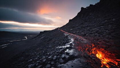 Fototapeta premium Lava Field Forgotten in Cloudy Winter: The Pathfinder's Tale Enveloped in Landslide