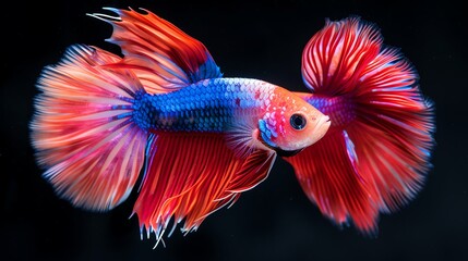 Fototapeta premium A colorful Siamese Fighting Fish with flowing fins isolated on a black background.