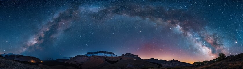 Naklejka premium Majestic Milky Way Galaxy Arching Above Mountain Range in Clear Night Sky.