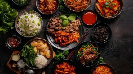 A variety of Korean dishes are arranged on a black table, including noodles, rice, and meat