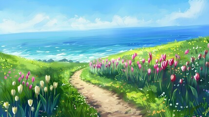 A winding path leading to the ocean, pastel tulips and daisies in the foreground, perfect background for Valentine&rsquo;s Day cards or pictures, focusing on nature. anime style.