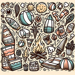 Obraz premium Doodle art cartoon of a beach party with surfboards and beach volleyball
