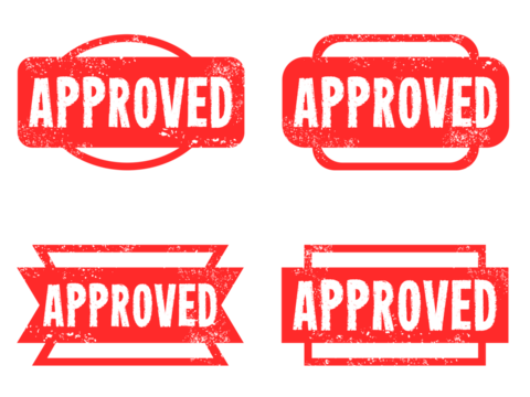 Approved rubber stamps set. Grungy red stamp text. Transparent background isolated PNG.