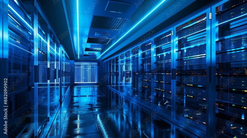 Aufkleber corridor in working data center with rack servers and supercomputers displaying high-danger skull ic