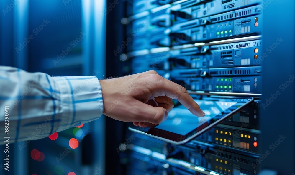 Poster using a tablet computer in the background of a server room is a businessman using his hand