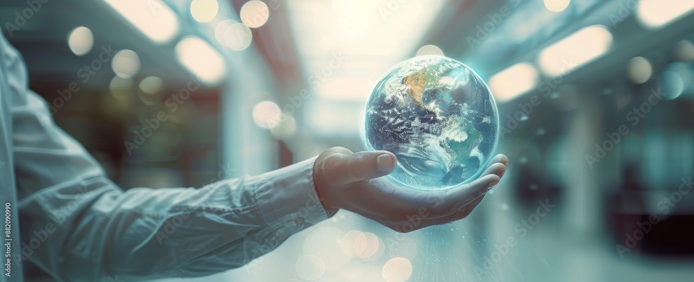 Poster using usa world map interface 3d rendering by a businessman
