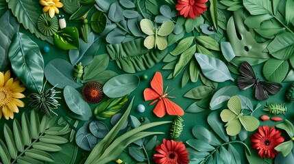 Naklejka premium Detailed view of insects adjusting within a vibrant ecosystem, showcasing their roles in maintaining ecological balance, intricate natural interactions