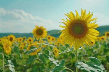 Fototapeta premium A bright and cheerful scene with a field of tall sunflowers facing the warm sunshine