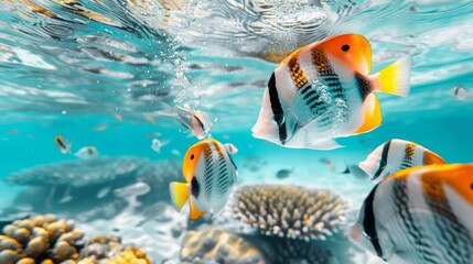 Diverse species of fish migrating through coral reefs, responding to changes in water temperature and habitat, illustrating adaptive behaviors