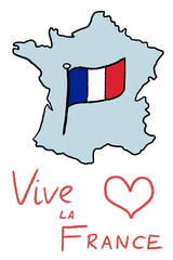 France map and flag - doodle style illustration. Vive la France. Transparent PNG.