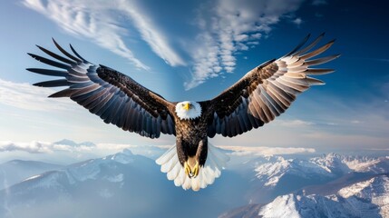 Obraz premium Eagle soaring high with keen instincts, sharp eyes scanning the landscape, capturing the essence of freedom and predatory actions
