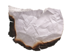 Burned and charred paper scrap, parchment isolated on white background, clipping path
