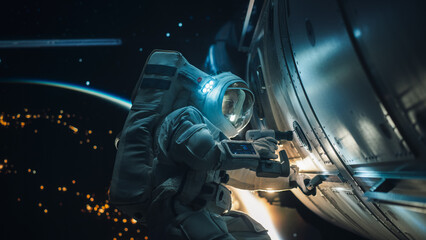 Female Space Technologist Repairing a Panel on a Spacecraft with an Automatic Screw Gun. Professional Astronaut Working in Outer Space with Dark Illuminated Planet Earth in the Background