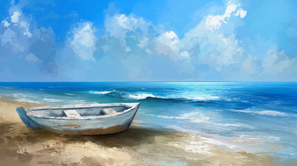 Naklejka premium Boat on the blue sea near a shore painting style