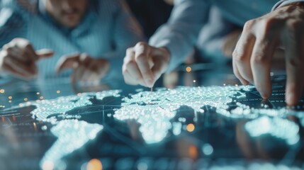 Global Expansion Strategy, Business Team Planting Flags on Digital Map with Futuristic Holographic Interface