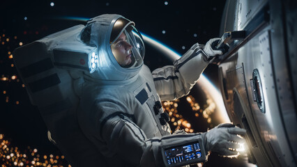 Space Engineer Servicing a Panel on a Communication Satellite. Brave Caucasian Male Astronaut Working in Outer Space with Beautiful Dark Side of Planet Earth in the Background