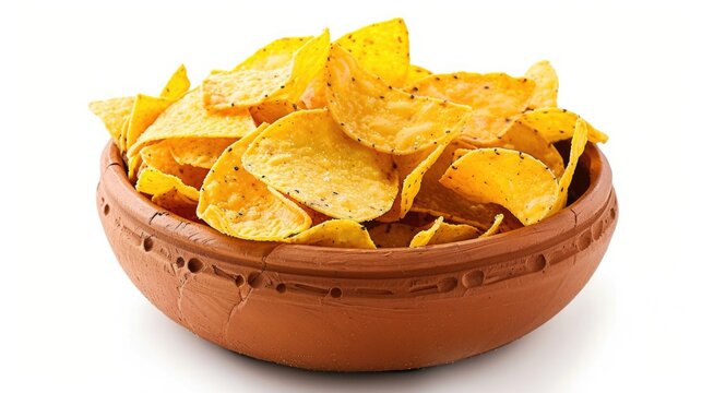 Fresh tortilla chips in a bowl on a white background, perfect for snacking or photography props