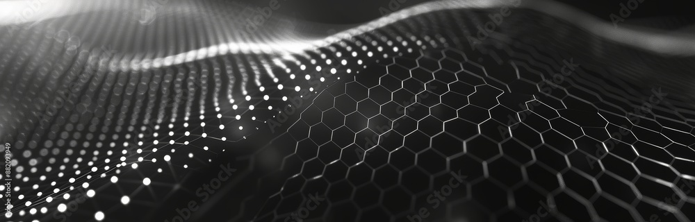 Poster black hexagonal background. concept of futuristic honeycombs. wave of particles. 3d rendering.