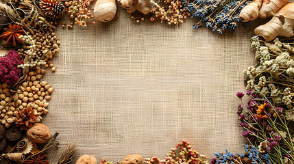 3D Flat Icon: Rustic Border Frame with Burlap and Dried Herbs for Thanksgiving Theme, Copy Space Included