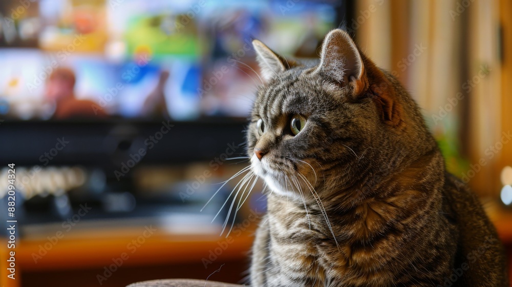 Poster A hefty cat sitting in front of a TV, seemingly watching the screen with interest.
