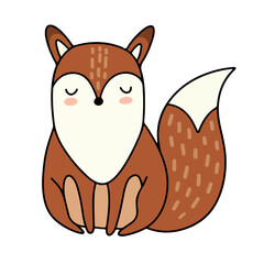 Vector drawing of a cute red fox with closed eyes and a fluffy tail