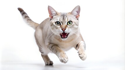 Fototapeta premium Domestic shorthair cat running with mouth open and green eyes wide in mid-stride