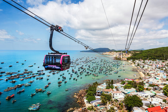 Landscape of cable car over the sea on Phu Quoc island, Kien Giang province, Vietnam. Phu Quoc  island was voted by US Travel & Leisure magazine as the second most beautiful island in the world.
