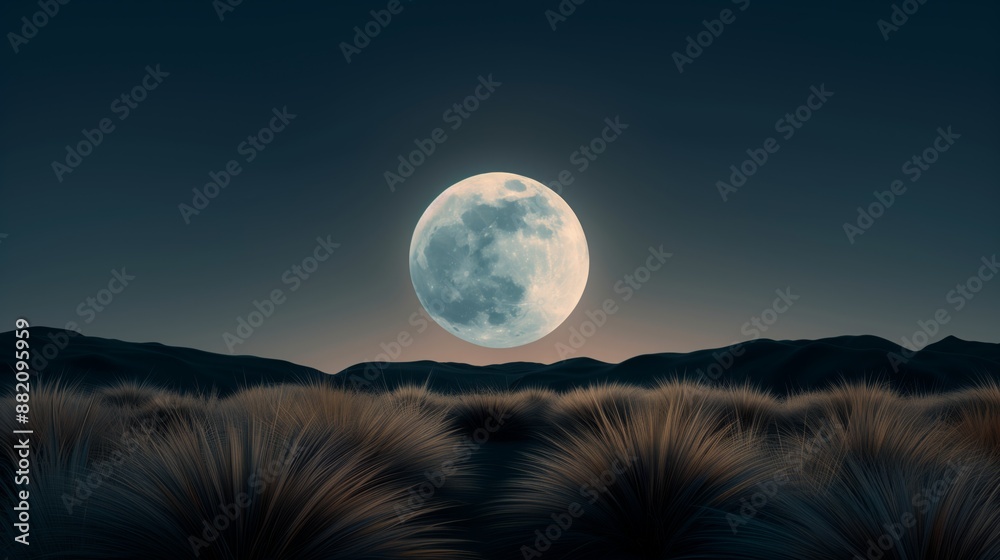 Wall mural full moon illuminating a field of grass at night