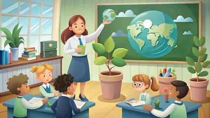 Elementary school teacher holding a globe in front of a world map chalkboard