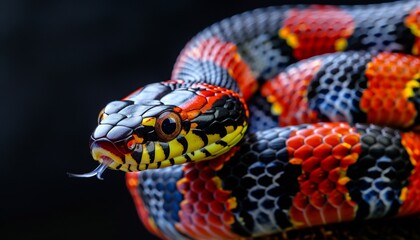 Fototapeta premium Multi-Colored Coral Snake Close-Up on Black Background