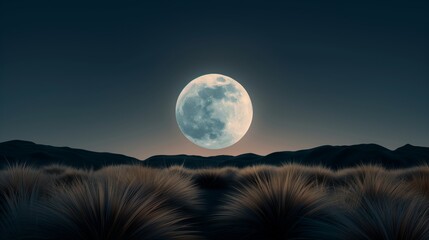 Full moon illuminating a field of grass at night