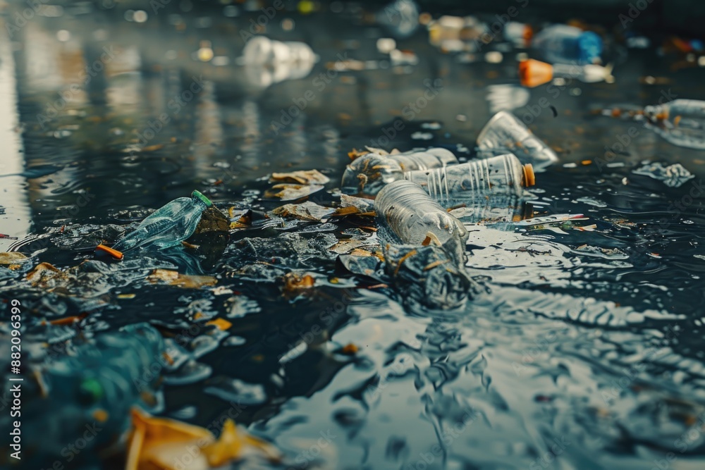 Poster a collection of trash and debris floats on the surface of a puddle of water
