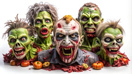 Obraz premium Five ghoulish greenish zombie heads with bloody wounds and creepy smiles arranged on a white surface with mini pumpkins