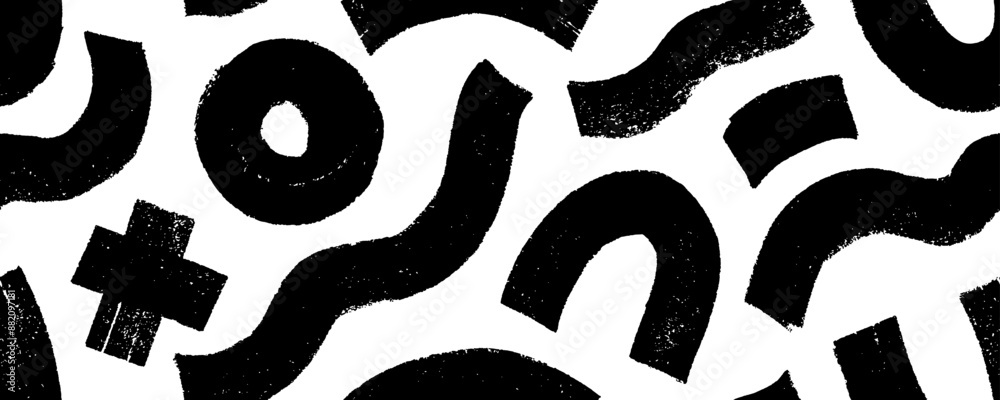 Poster Charcoal bold geometric shapes and lines seamless pattern. Hand drawn doodle scribble thick shapes. Curved lines, circles and crosses. Abstract vector wallpaper with rough texture figures.