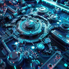 Fototapeta premium 47. Quantum computer repair, futuristic, metallic blue, 3D rendering, detailed and intricate repair scene