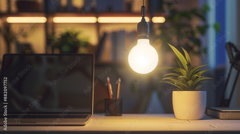 Poster a modern led light bulb emitting bright, energy-efficient light, illuminating a workspace.