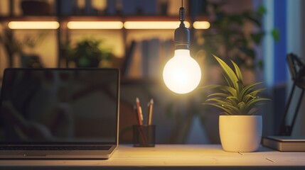 A modern LED light bulb emitting bright, energy-efficient light, illuminating a workspace.