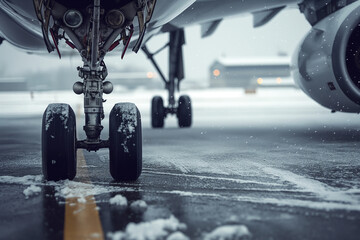 Close-Up of Airplane Wheels on Snowy Tarmac