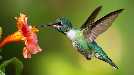 Obraz premium Hummingbird hovering near a flower, instinctive feeding actions captured in vibrant detail, highlighting speed and precision