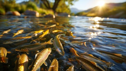 Fish feeding at dawn in a secluded wilderness stream, capturing their natural behavior in a serene, untouched environment