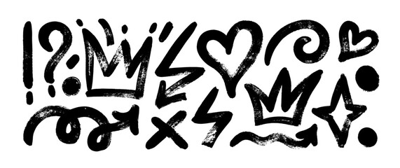 Collection of brush drawn symbols: hearts, crowns, arrows, crosses, swirls and dots with dry brush texture. Exclamation and question marks. Bold graffiti style shapes. Vector trendy illustration.