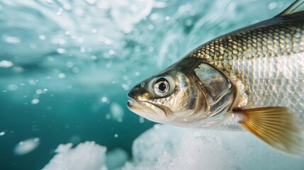 Fish swimming in icy waters, demonstrating their natural coping mechanisms for freezing temperatures, detailed close-up of scales and icy environment